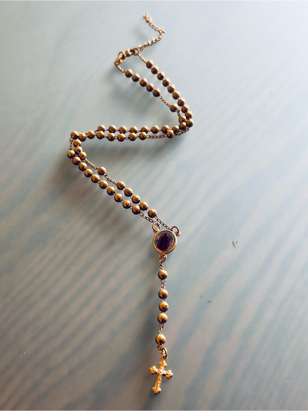 Brazilian 14K Gold plated Rosary-Style Beaded Necklace with Cross